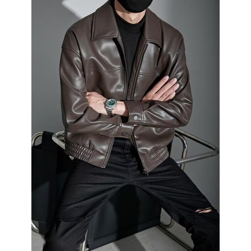 Spring and Autumn New Ruffian Handsome Lapel Leather Jacket Men's Trendy Casual Versatile Leather Jacket