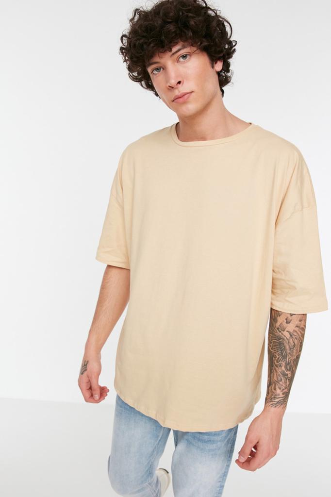 Men's Fashion T-Shirt Crew Neck Short Yellow Oversize Wide Cut Basic 100% Cotton T-Shirt
