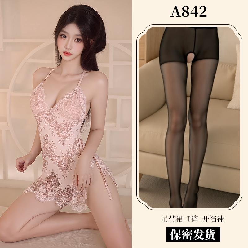 New Sexy Underwear Women's Sexy Lace Suspender Skirt Lace-up Nightdress Uniform Temptation European and American Pajamas A