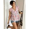 Big Size V-neck Top with Sweet Floral V-neck Ruffled Edge Big Size Chiffon Shirt, Loose Floral Blouse