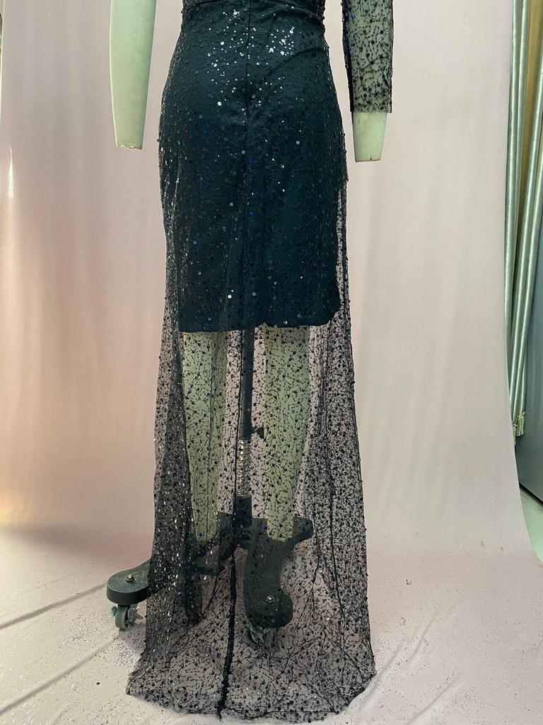 Dreamy High-Slit Sequin Evening Dress - Long Sleeve Women's Formal Wear