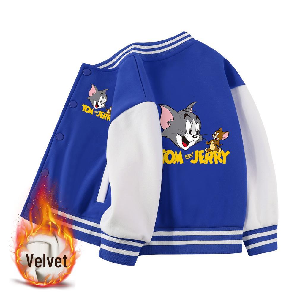 Tom and Jerry Thickened Boys' Baseball Jackets - Velvet Lined, Spring/Autumn Casual Wear
