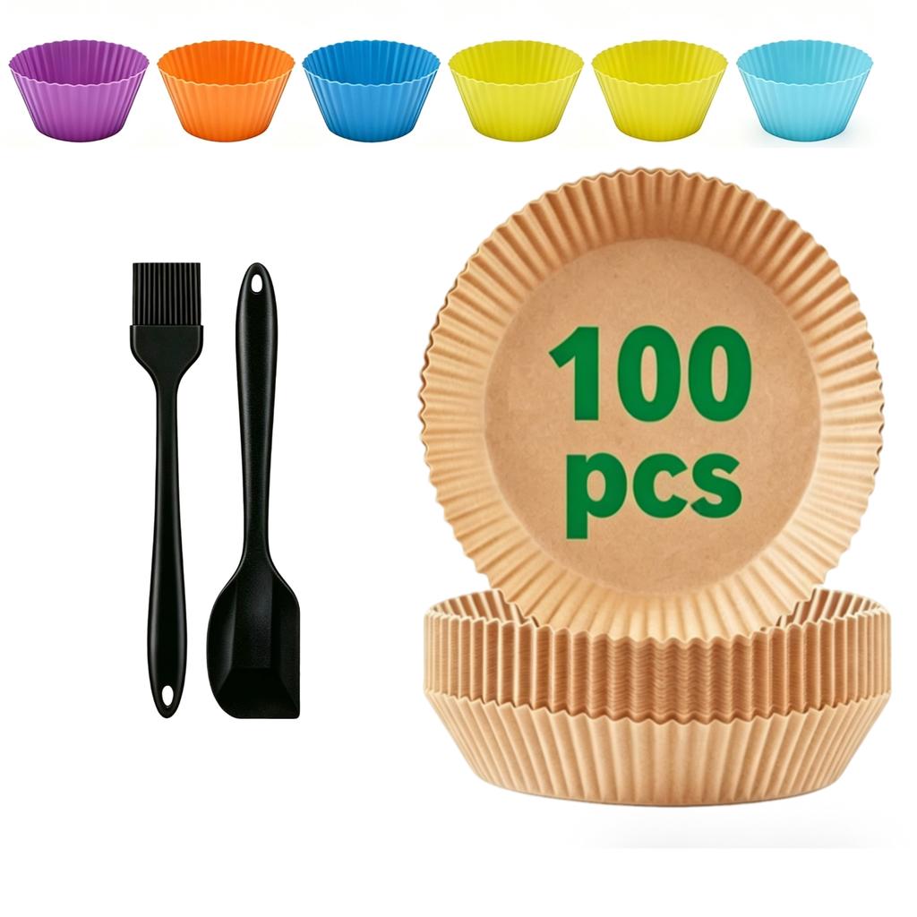 Air Fryer Paper Disposable Non-Stick Liners With Baking Tools: Cake Cups, Brush, Tongs & Gloves For Oven Airfryer Microwave