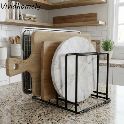 Iron 5 Slots Divided Rack Heavy Duty Space Saving Pan Storage Rack Rust-Resistant with Anti-Slip Feet Cookware Holder Cabinet