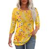 Women's Fashionable Casual Pleated Round Neck Casual Floral Print Seven Quarter Sleeved T-shirt Top