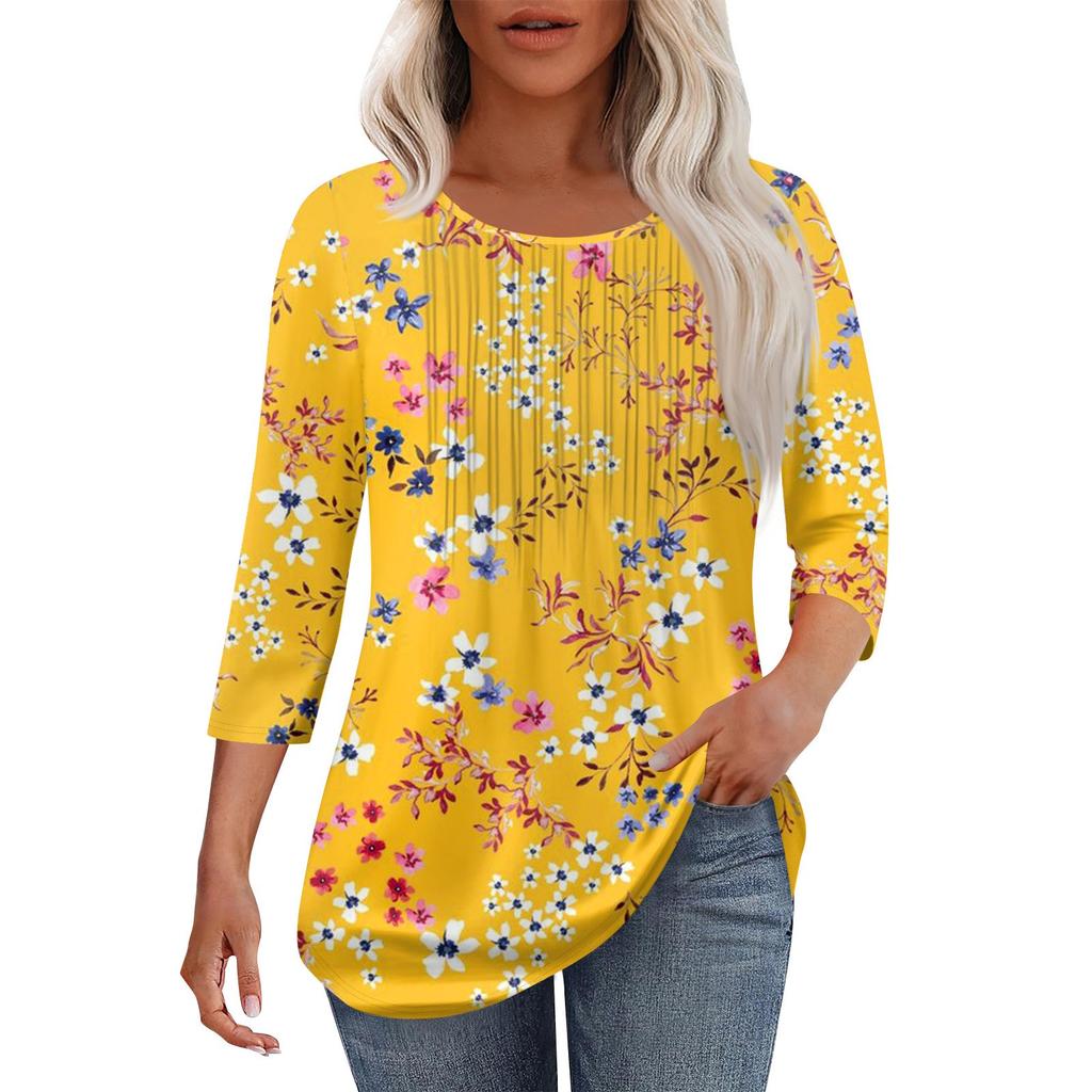 Women's Fashionable Casual Pleated Round Neck Casual Floral Print Seven Quarter Sleeved T-shirt Top