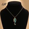 Stunning Ocean Pendant Necklace Women Blue Seahorse Necklace Rhinestone Stylish Sea Charm Creature Summer Beach Gift for Her Wife Girlfriend Delicate