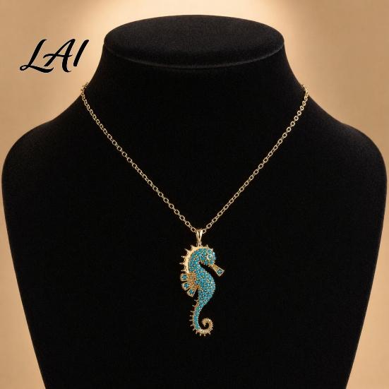 Stunning Ocean Pendant Necklace Women Blue Seahorse Necklace Rhinestone Stylish Sea Charm Creature Summer Beach Gift for Her Wife Girlfriend Delicate
