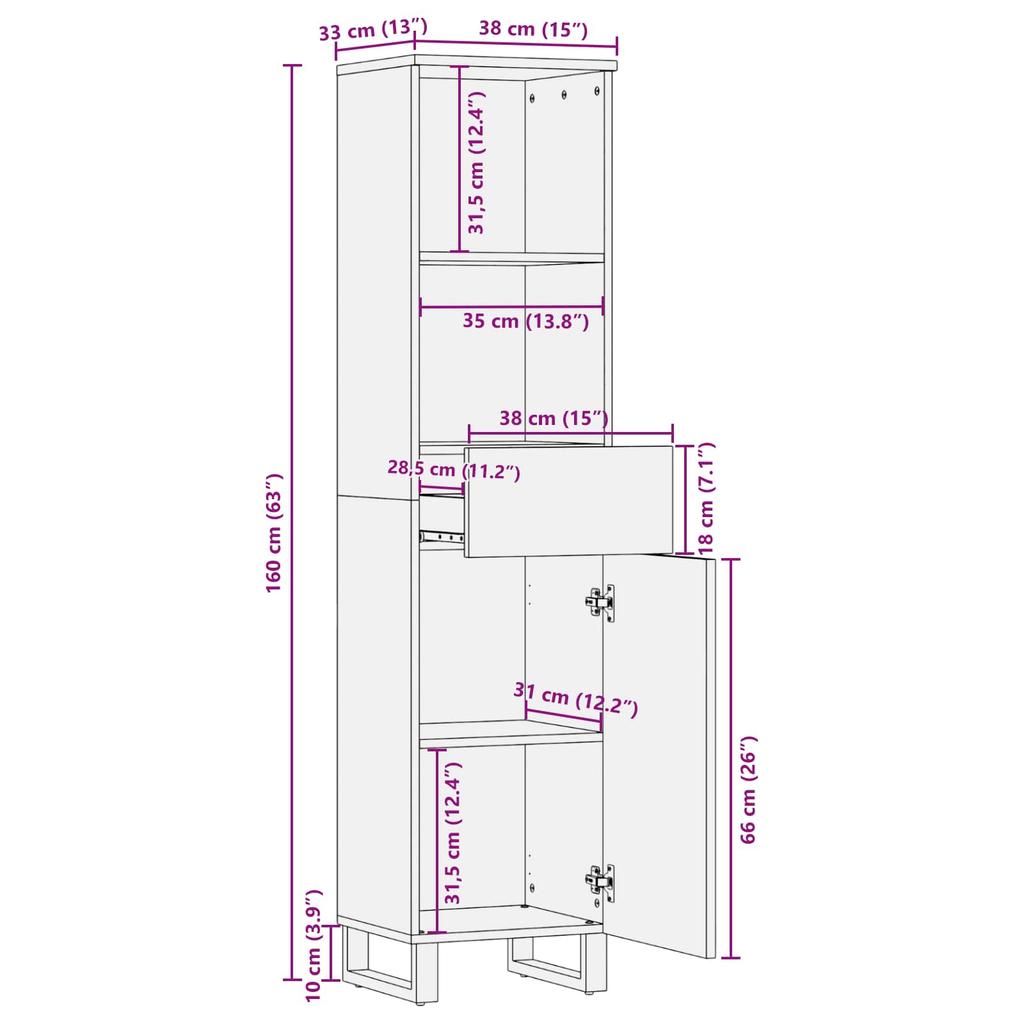 Bathroom Cabinet with Drawers Artisan Oak Finish 38 X 33 X 160 Cm