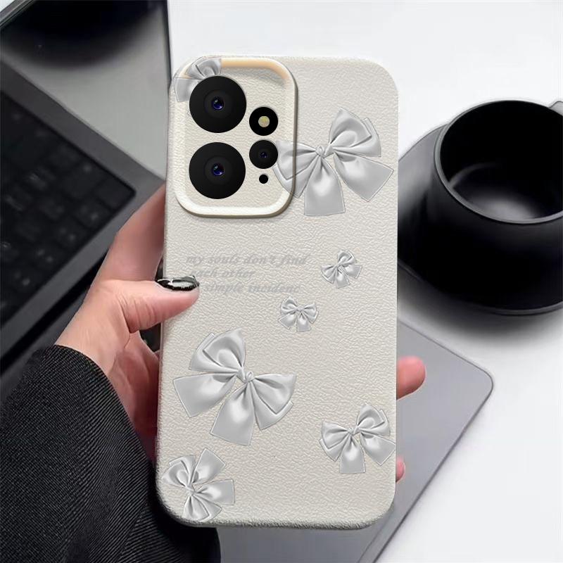 

Тонкий матовый чехол из ТПУ с принтом банта и текстурой из кожи для Xiaomi 13T Pro Poco X6 M6 Redmi Note 14 Pro 13 12 11, защита линз, мягкий противоударный чехол для телефона Xiaomi Poco X6 бежевый/белый