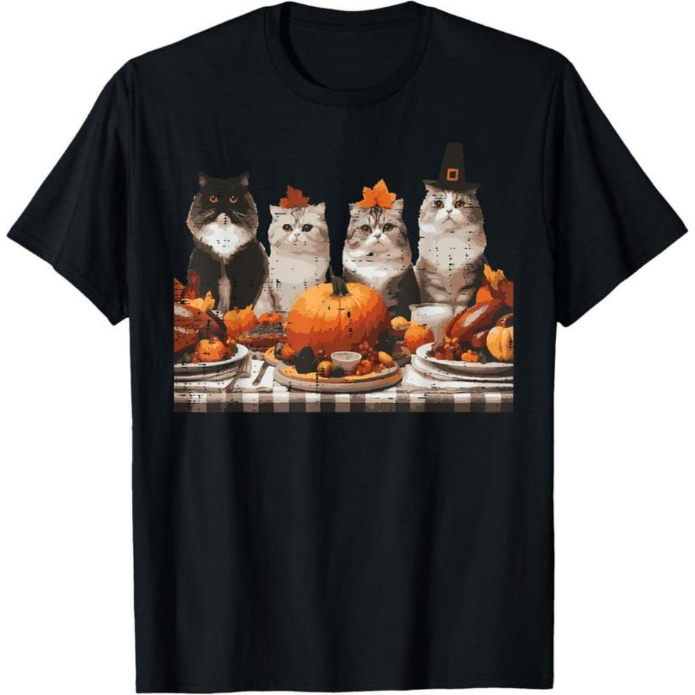 Thanksgiving Cats Dinner Feast Graphic T Shirts Vintage Fall Festival Cartoon Design Woman Man Unisex TShirt Cotton Tee Shirt
