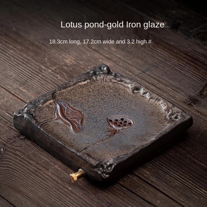 Gilding Iron Glaze Pot Tray Stoneware Base Pot Mat Small Vintage Ceramic Water Storage Drainage Dual-Purpose Pot Tray Tea Table