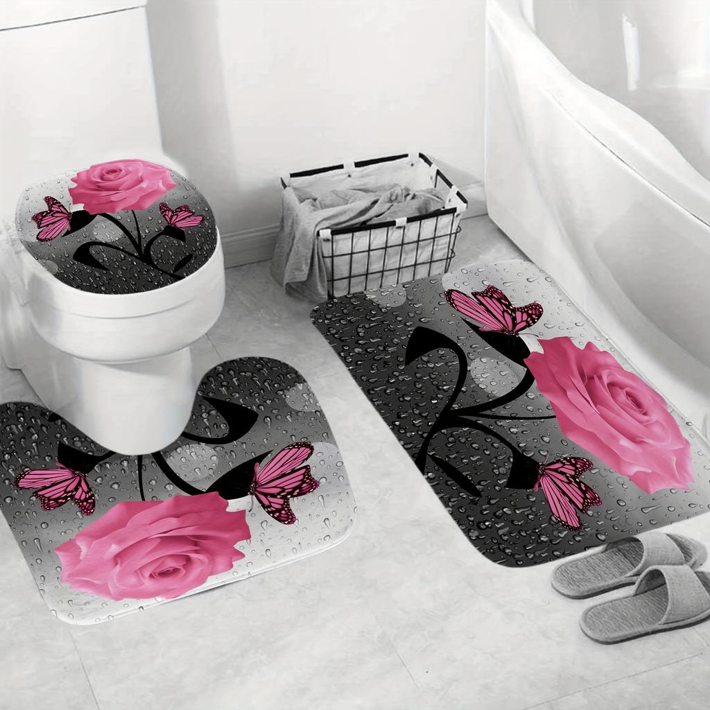 4 STK Luksus Sommerfugl Dusjforhengsett Geometriske Striper Draperier For Baderomstilbehørsett Badekarforheng Med Kroker Vanntett