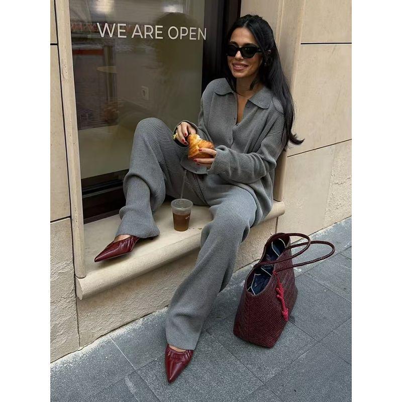 Western Style Fashion Loose Knit Solid Cardigan sweater Trousers Set Sweater and Pants Set