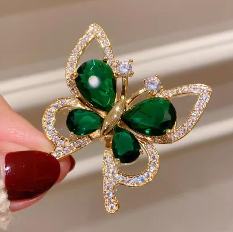 Vintage Green Rhinestone Butterfly Brooches For Women Shiny Corsage Clothing Accessories Gifts