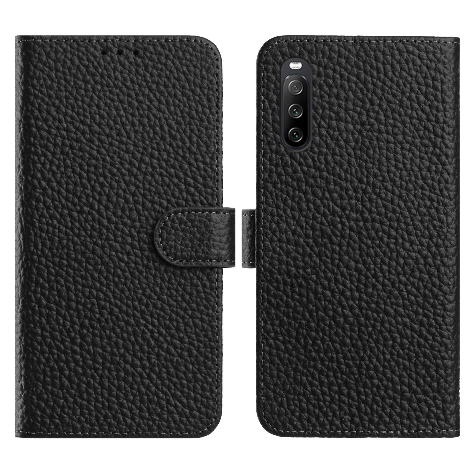 

For Sony Xperia 10 IV 5G Case Wallet Stand Litchi Texture Genuine Cow Leather Flip Phone Cover Black