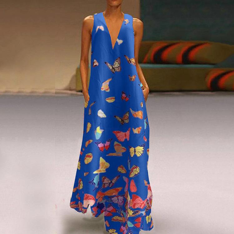 

Summer Butterfly Print Bohemian Beach Dress V-Neck Sleeveless Long Dress Large Size Women s Clothing 5XL синій