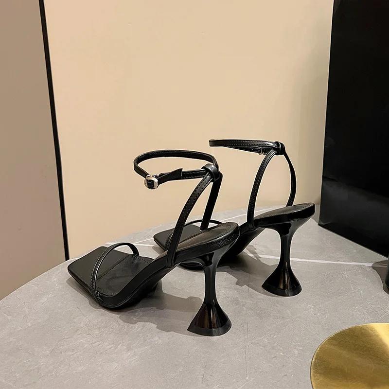 

Fashion 2025Sexy Narrow Band Women Open Toe Wine Glass Heel Dress Sandals Elegant Wedding Party Shoe Summer Classic 35 чёрный