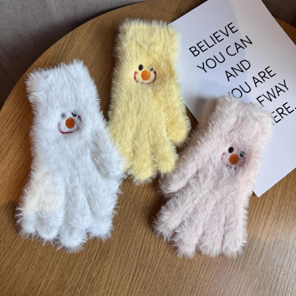 Niedliche lächelnde Gesichter bestickte Plüschhandschuhe für Damen im Winter Fellartig und Samt Warm und Kältefest Studenten Radfahren Touchscreen-Handschuhe