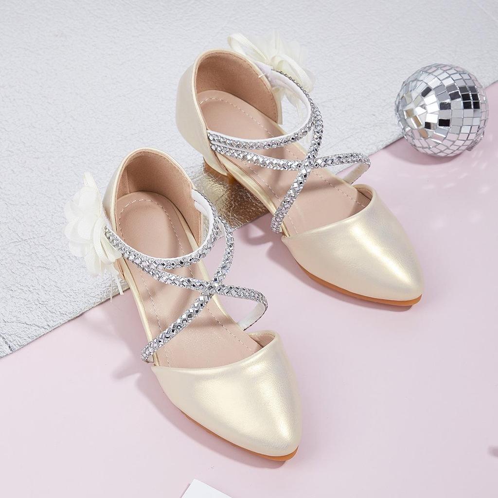 Girls' Pointed Toe Flower Princess Sandals - Chunky Heel, Hollow Design for Spring/Summer 2025