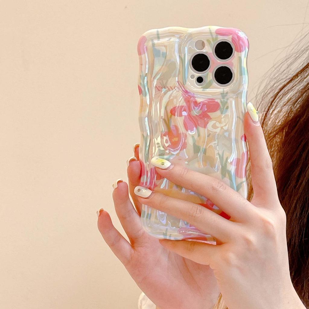 Imd Laser Red Flower 2023 New Wavy Cute Relif Phone Case For Iphone 13 14 Pro Max 11 12 Promax Back Cover Conque Capa