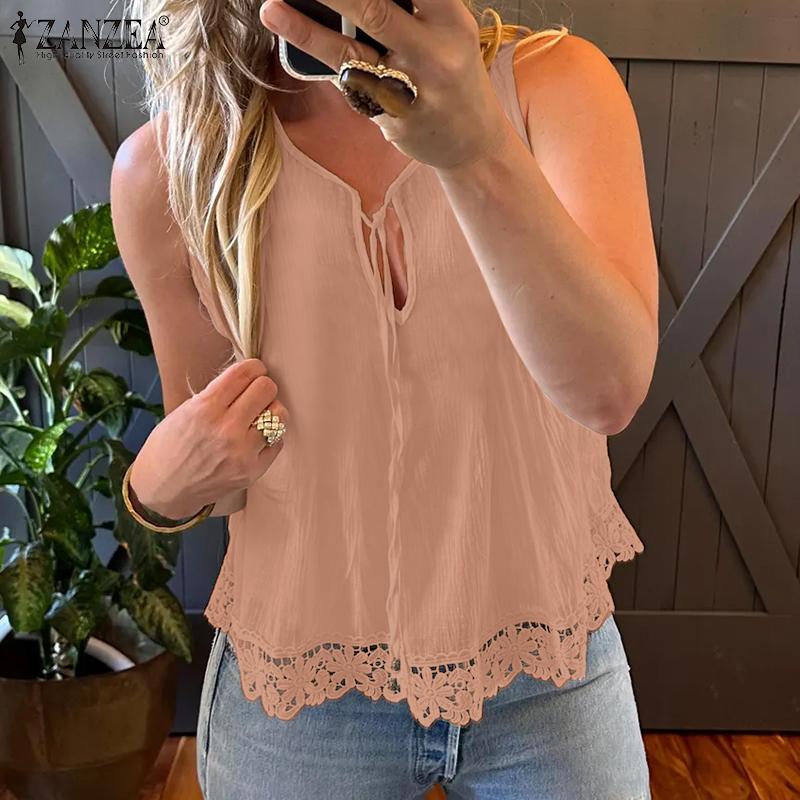 ZANZEA Women Summer Round Neck Sleeveless Lace Vests