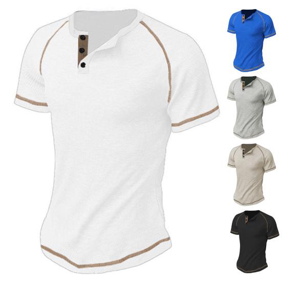 

Летний мужской топ с пуговицами, круглым вырезом, короткими рукавами, вафельной текстурой, тонким контрастным цветом, пуловером, хорошо пропускающим воздух, эластичным M серый