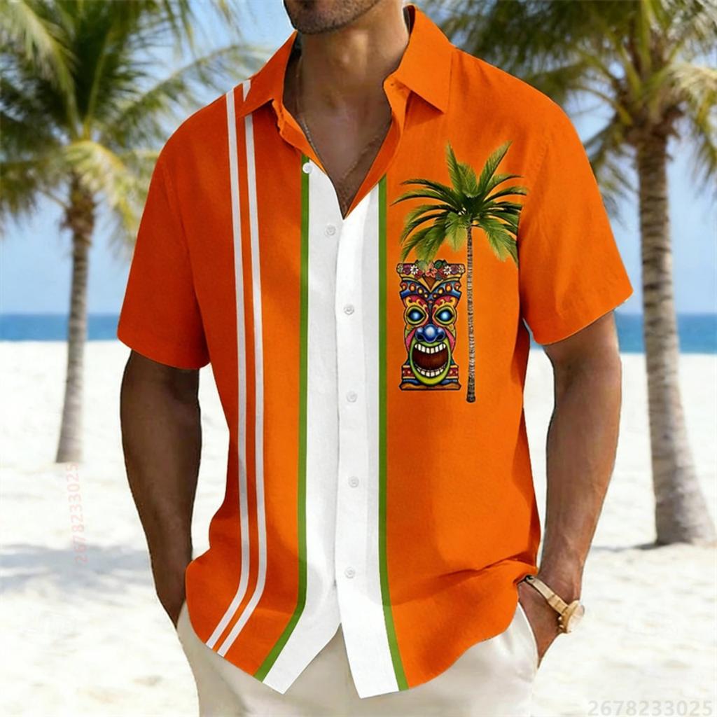 Men's color-blocked striped short-sleeved shirt, Hawaiian-style totem coconut tree print casual vacation top, Hawaiian shirt