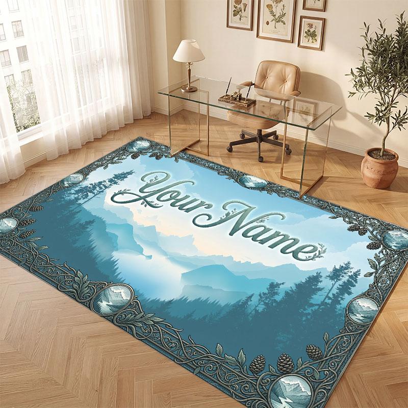 Mountain Landscape Theme Crystal Velvet Floor Rug Personalized Custom Name Text Warm Carpet Home Decoration