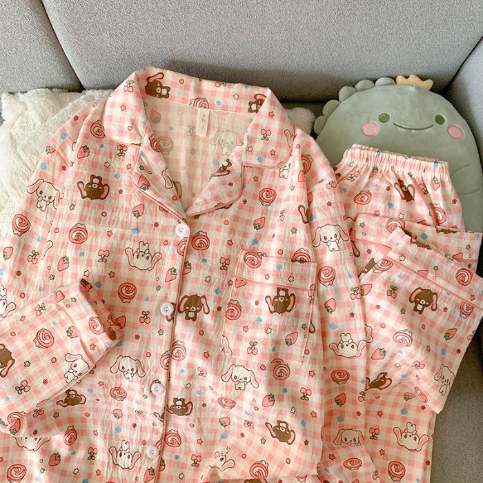 Women's Spring & Autumn Cloud Cotton Pajama Set - Thin Print & Embroidery, Loose Fit, Long Sleeve & Pants Home Wear.