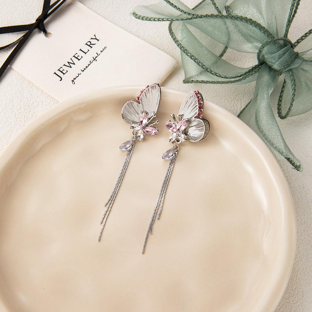 Silver needle super fairy tassel shining pink three-dimensional butterfly stud earrings heavy industry light luxury high sense unique niche earrings