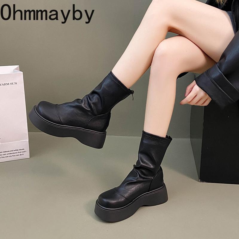 Winter Chunky Heel Woman Ankle Boots Cosy Soft Leather Shoes Street Style Slim Height Increase Short Botas Mujer