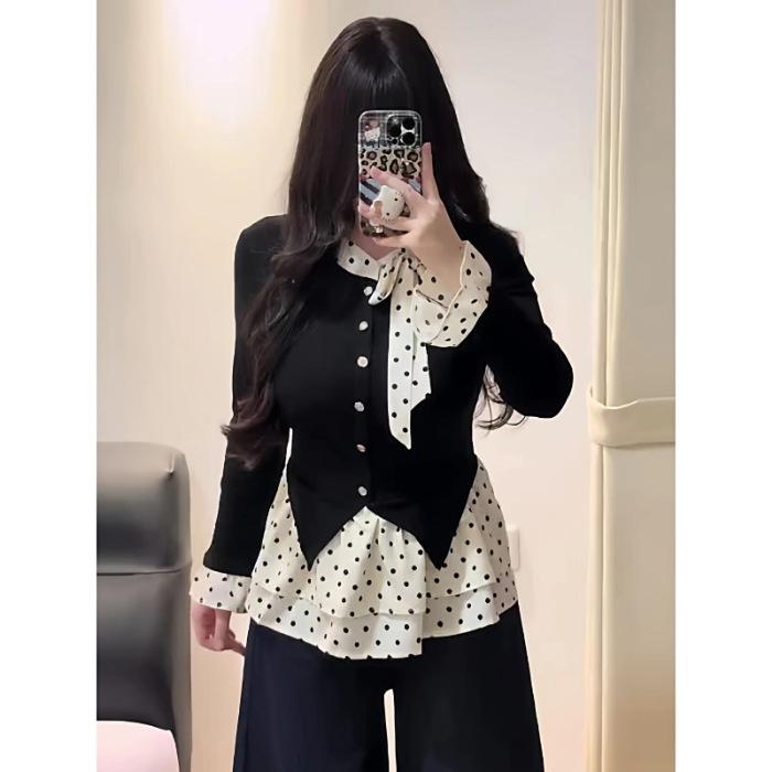 Women s Black Polka Dot Faux Two-Piece Cotton Flannel Slimming Base Layer Shirt Large чёрный