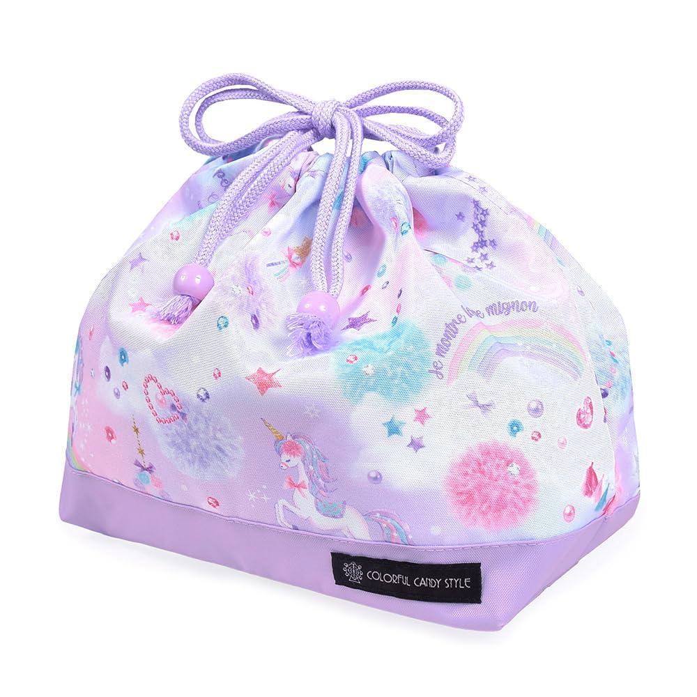 [COLORFUL CANDY STYLE] Drawstring Lunch Bag with Gusset (Name Tag Included), Water-Repellent, No-Iron, Unicorn Fantasy Design, Lightweight,