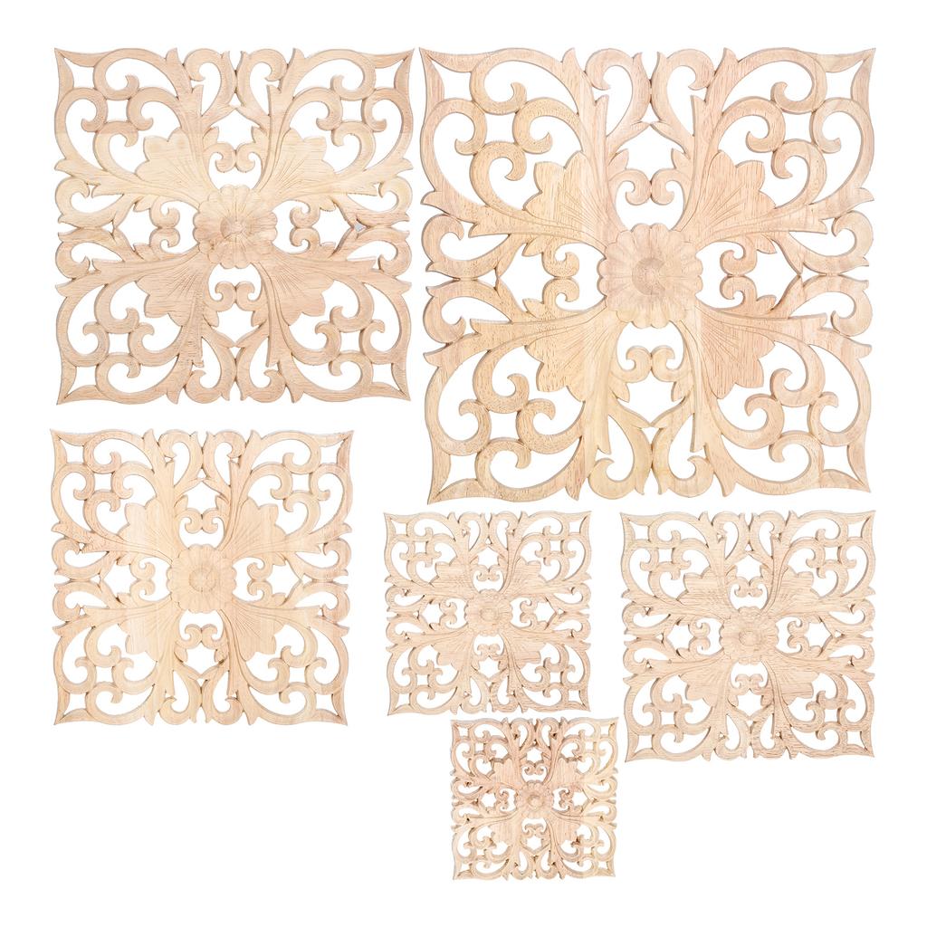 1pc Square Carved Unpainted Wood Ornamental Applique Mouldings Onlay Decal Hollow Flower Cabinet Furniture Decor