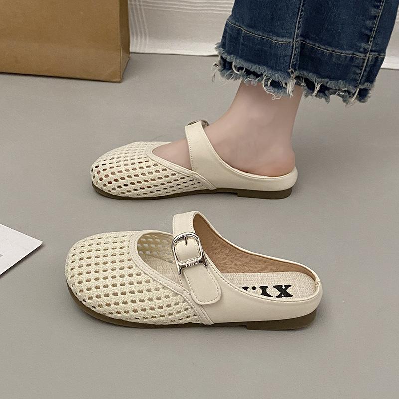 Hollow bag head half slippers women's breathable new summer mesh outer wear soft bottom slippers woven shallow mouth flat bottom sandals