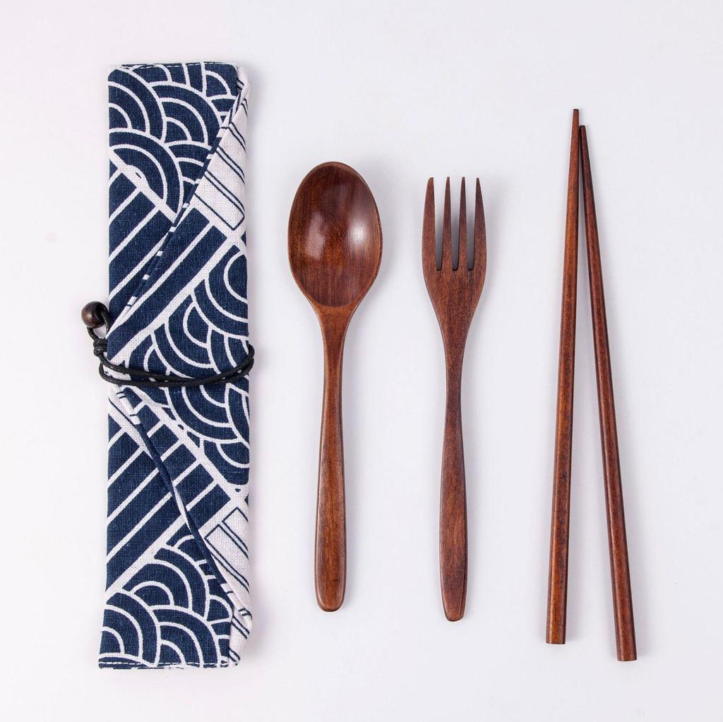 Japanese Wooden Portable Tableware Set: Long-Handled Spoon, Fork, and Chopsticks - Korean Style Three-Piece Set for Outdoor Use.