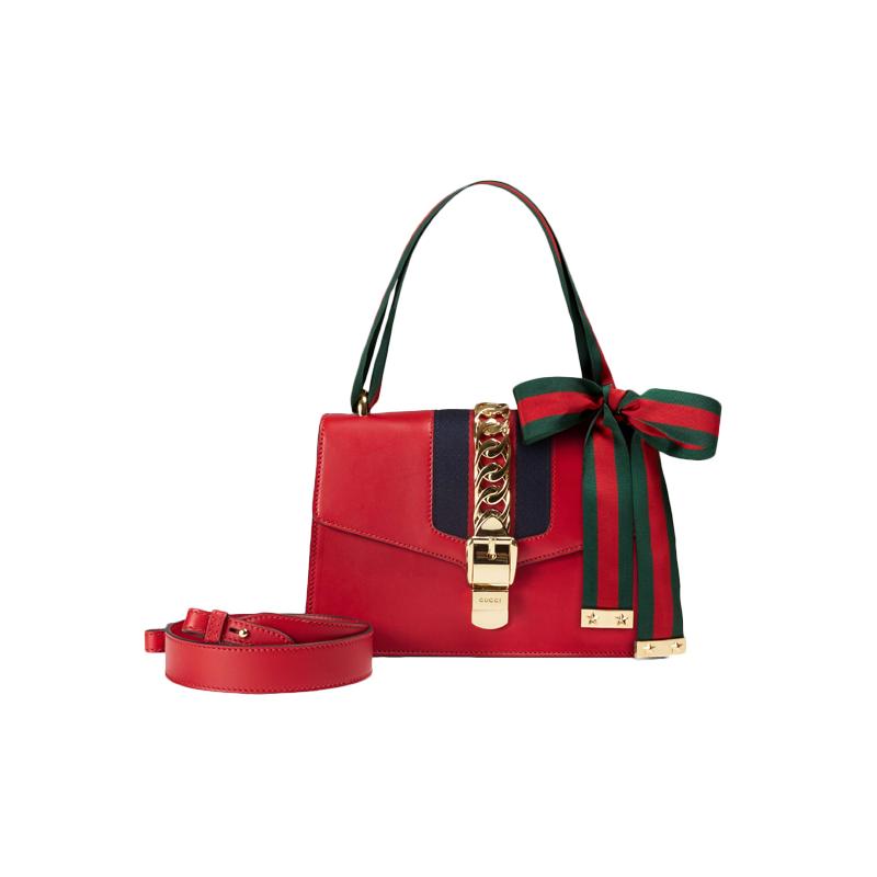 Gucci Sylvie gold buckle striped webbing grosgrain bow wide shoulder strap leather one-shoulder crossbody handbag small women's red