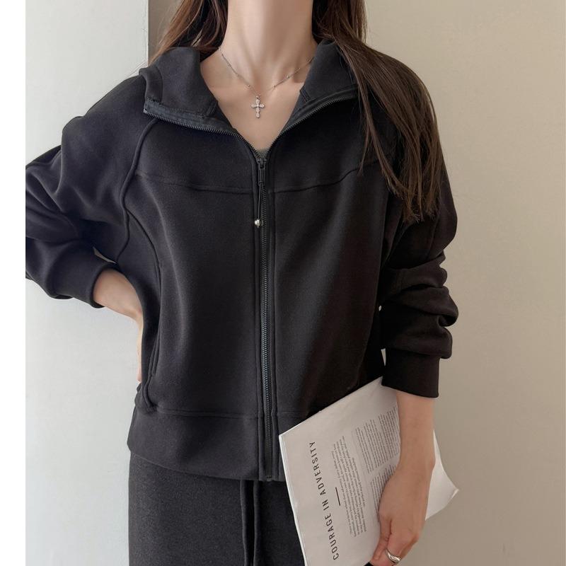 Autumn and winter thickened hooded sweater jacket women's loose and thin zipper cardigan solid color casual top
