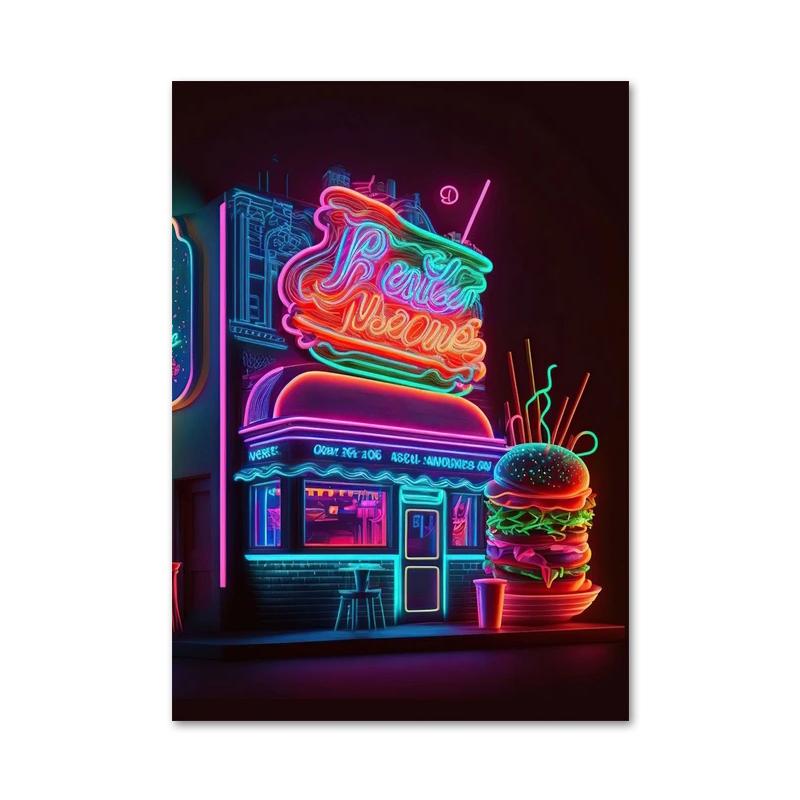 Colored Neon Lights Food and Beverage Posters Prints Hamburger Pizza Fruit Canvas Paintings Wall Art for Kitchen Home Decor