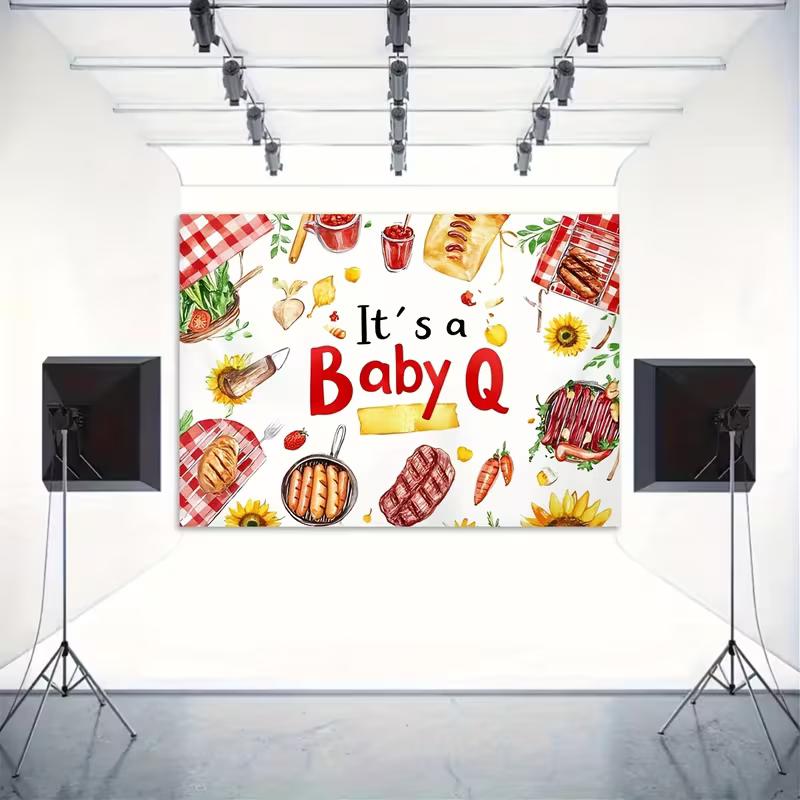 2D Flat Baby Shower Backdrop "It's a Baby Q" Watercolor BBQ Theme Background Cloth