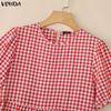 VONDA Women V Neck Puff Sleeve Plaid Print Ruffled Casual Loose Tunic Dress