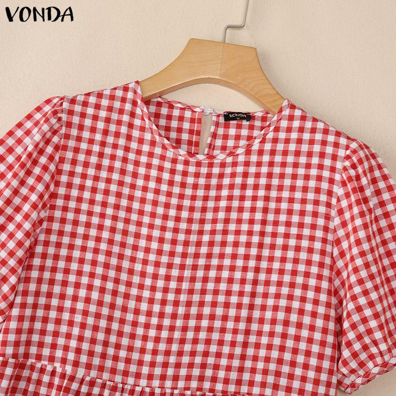 VONDA Women V Neck Puff Sleeve Plaid Print Ruffled Casual Loose Tunic Dress