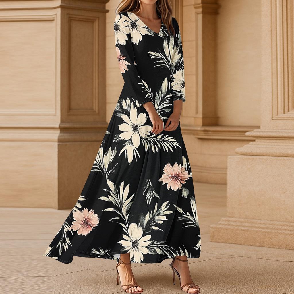 Women's Casual 3/4 Sleeve V-Neck Floral Print Maxi A-Line Beach Dress