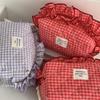 Lace checkered makeup bag, Ins minimalist niche style, high-value large-capacity cosmetic pouch, portable for travel and daily use.