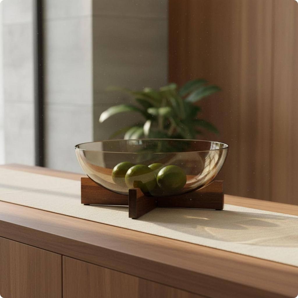 Glass Fruit Bowl with Wood Stand Elegant Design Tea-Tinted