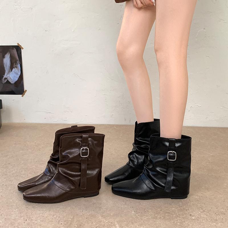 Pile boots Skinny thick heel temperament Low leather boots Folded square head medium boots and new autumn and winter women