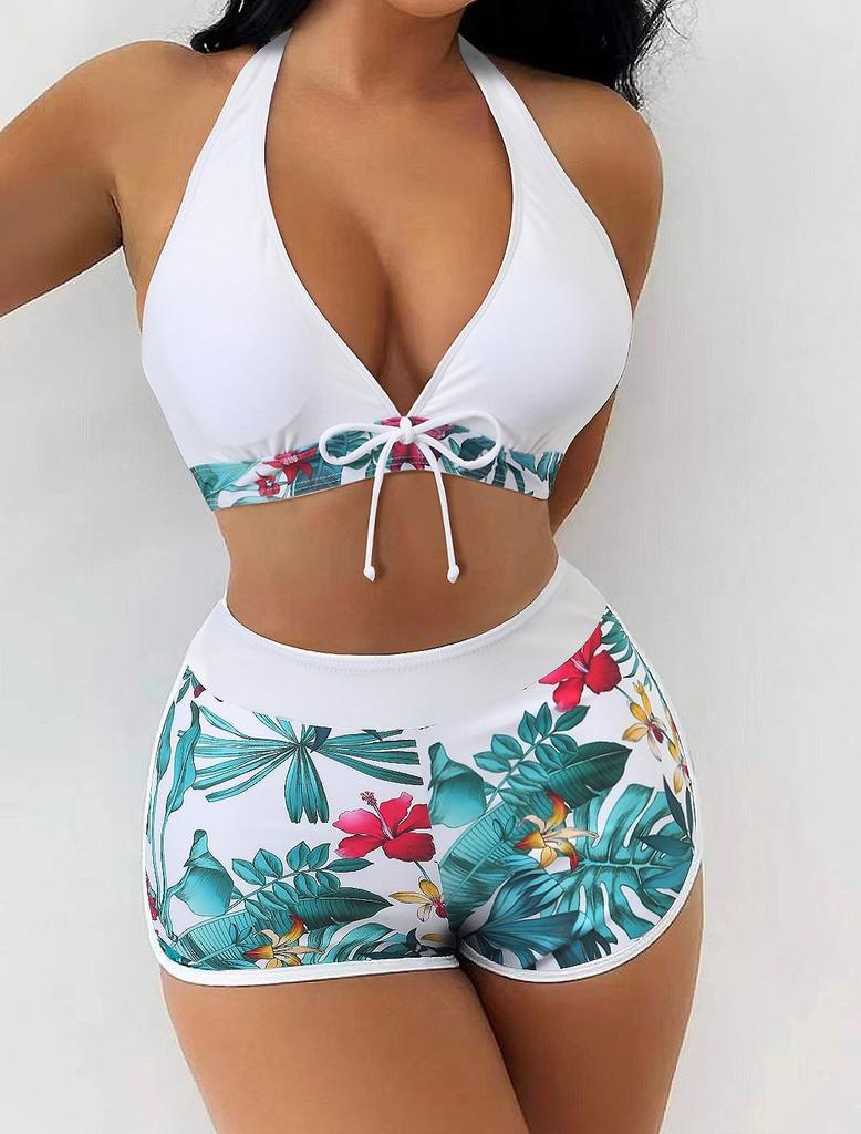 Fashion Women's High Waist Boxer  Print Solid Color Patchwork Swimsuit Bikini