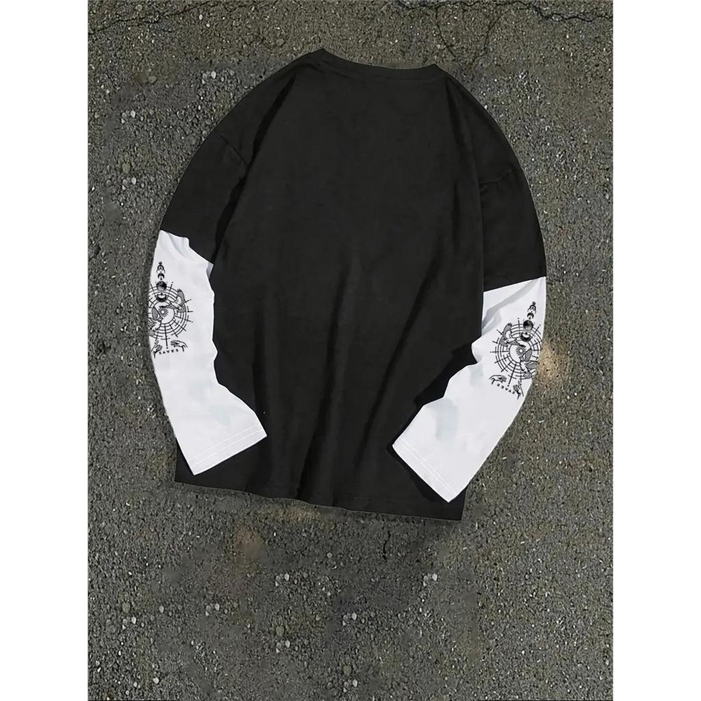 This American Dark Y2K Design Style Features a Black And White Color-Blocked Long-Sleeve T-Shirt with a Dark Thorn Print