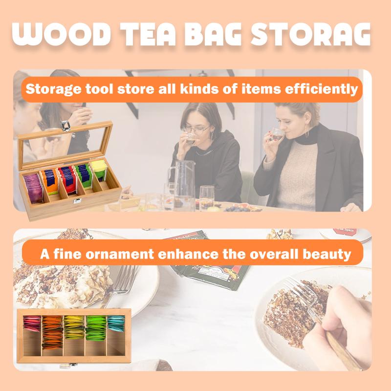 Bamboo Tea Bag Storage Box Portable Teabag Holder With 5 Compartments Multipurpose Tea Packet Box For Home Office Spices 1PC